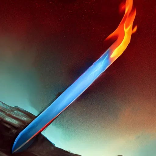 Prompt: a sword burning with blue fire sticks out of a stone, scorched earth around the stone, the sky glows red, a large moon, realistic art, digital art, 8 k, clear, sharp, very detailed