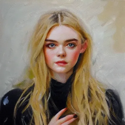 Prompt: professional painting of Elle Fanning in the style of Michael Garmash, head and shoulders portrait, symmetrical facial features, smooth, sharp focus, illustration, intricate, stormy weather, extremely detailed masterpiece,