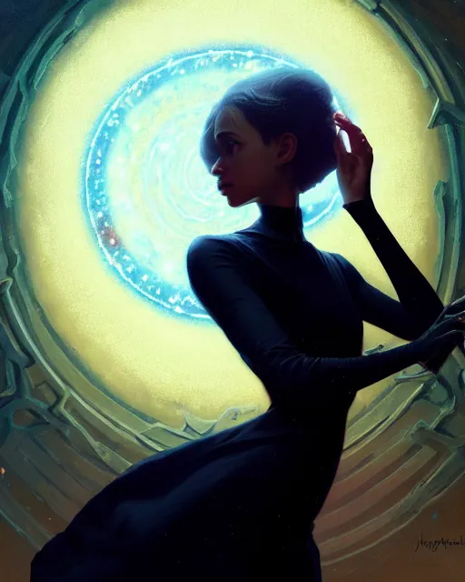 Image similar to high angle picture of a black dress witch researching about the azathoth, model pose, very brightening eyes, huge magic circles on the hand, magic and fantasy, extremely beautiful and aesthetic and detailed cute face, specular reflection, occlusion shadow, intricate, masterpiece, by ilya kuvshinov and jeremy lipking and quentin mabille