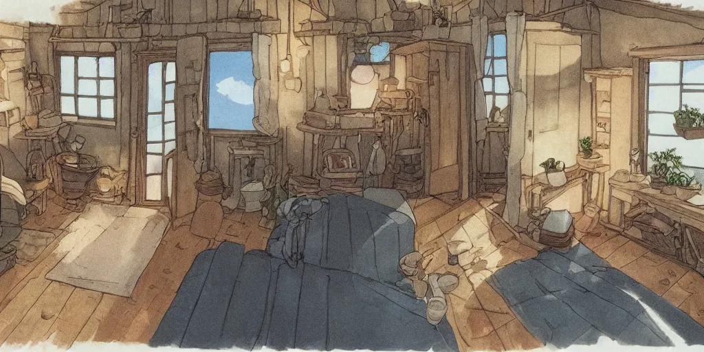 Prompt: studio Ghibli, the interior of a small cottage, warm lighting, anime