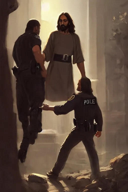 Prompt: jesus christ arresting a police officer, style of greg rutkowski