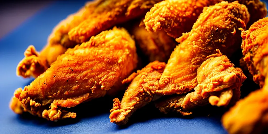 Prompt: photo of fried chicken, close - up, low saturation