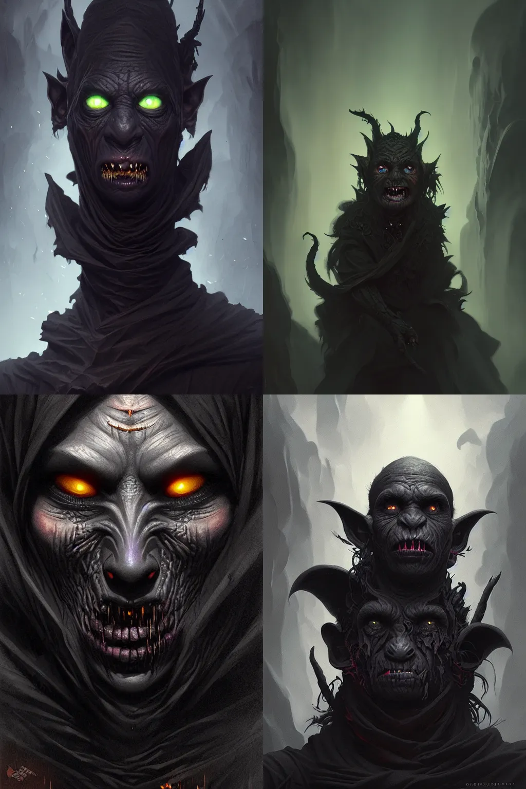 Prompt: 8k matte of dark smoke goblin, black eyes, face, fantasy, intricate, evil, dark colors, dark background, dark underground cave, highly detailed, digital painting, artstation, horror concept art, smooth, sharp focus, illustration, art by artgerm and greg rutkowski and alphonse mucha