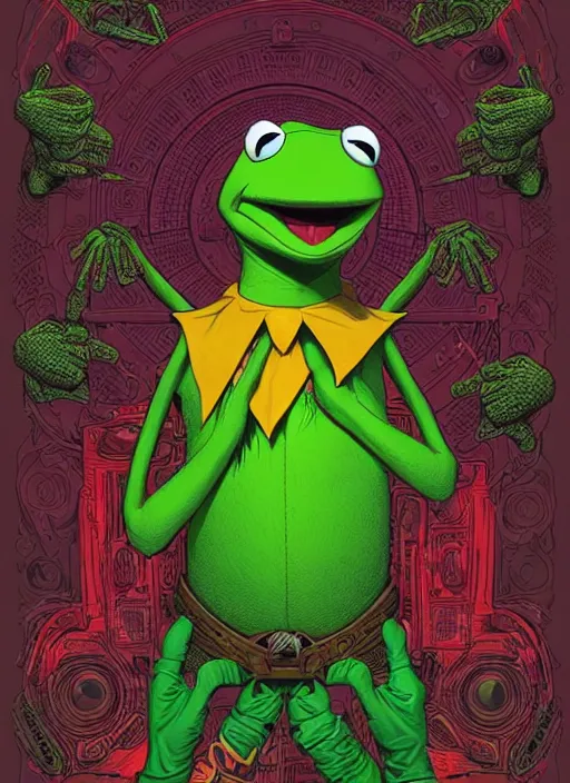 Prompt: Portrait of Kermit the frog, Kilian Eng, Dan Mumford, Jason Edmiston, detailed