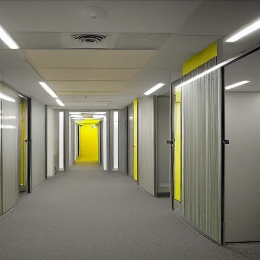 Prompt: the backrooms : an endless maze of randomly generated office rooms and other environments. it is characterized by the smell of moist carpet, walls with a monochromatic tone of yellow, and buzzing fluorescent lights