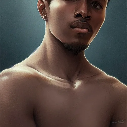 Image similar to ultra realistic illustration, young man with dark gray skin, short white hair, intricate, elegant, highly detailed, digital painting, artstation, concept art, smooth, sharp focus, illustration, art by artgerm and greg rutkowski and alphonse mucha