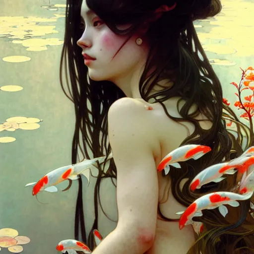 Image similar to Portrait of a girl surrounded by Koi fish, face, fantasy, intricate, elegant, highly detailed, digital painting, artstation, concept art, smooth, sharp focus, illustration, art by Krenz Cushart and Artem Demura and alphonse mucha