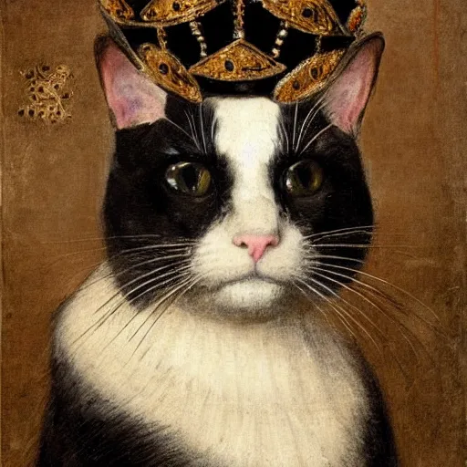 Prompt: renaissance portrait of a black and white cat wearing a crown, in the style of eugene de blaas