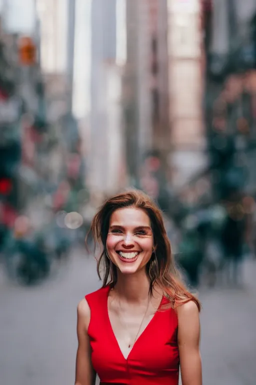 Prompt: blurry photo portrait of a smiling pretty woman in a red sleeveless dress, out of focus, city street scene