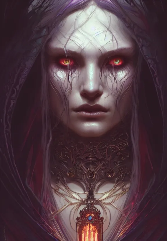 Image similar to Necromancer Sorceress face close-up macro in center, fantasy magic, undercut hairstyle, dark light night, intricate, elegant, sharp focus, illustration, highly detailed, digital painting, concept art, matte, art by WLOP and Artgerm and Greg Rutkowski and Alphonse Mucha, masterpiece