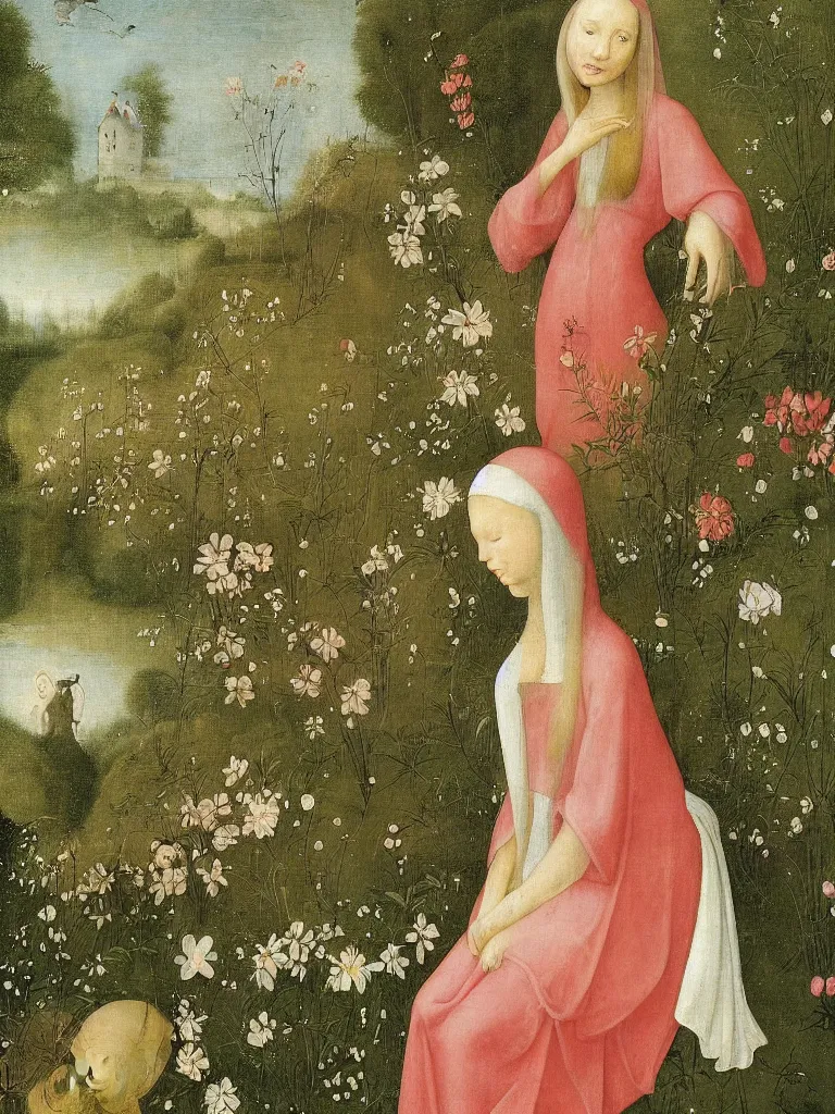 Image similar to beautiful woman with long golden hair, wearing chiffon dress, sitting among large flowers in her beautiful, lush garden, in the style of hieronymus bosch,