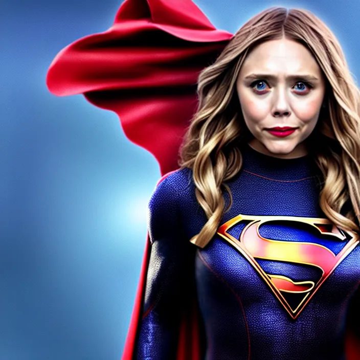 Image similar to professional full length photograph of elizabeth olsen as supergirl. Extremely detailed. 8k