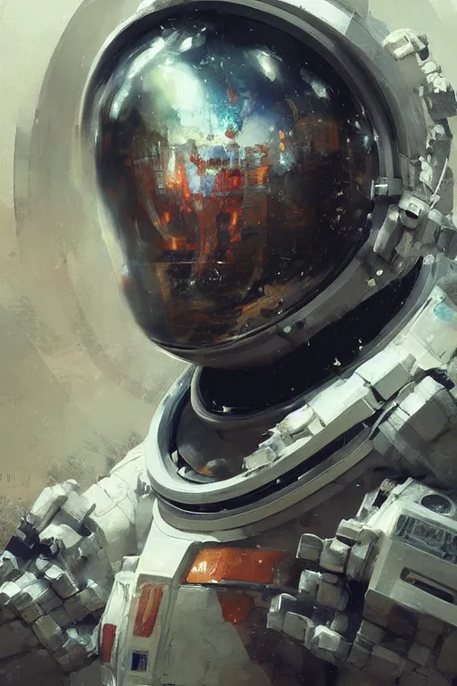 Image similar to portrait of an astronaut wearing a really cool and futuristic space helmet and stylish spacesuit, cyberpunk aesthetic by craig mullins, ruan jia, kentaro miura, greg rutkowski