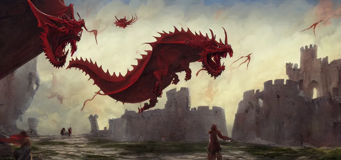 Image similar to wide angle, medieval explorers being chased by a red dragon through castle ruins, lake, realistic digital painting, concept art, coherent design, vivid color, complementary color, rule of thirds, detailed, sharp lines, intricate, in the style of forgotten realms, by studio ghibli, by greg rutkowski, by anato finnstark, deviantart, octane render, cgi