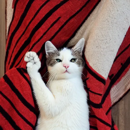 Prompt: A silly cat nursing a blanket eagerly