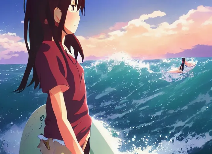 anime character with surfboard and shark on beach with blue sky. generative  ai. 28514002 Stock Photo at Vecteezy