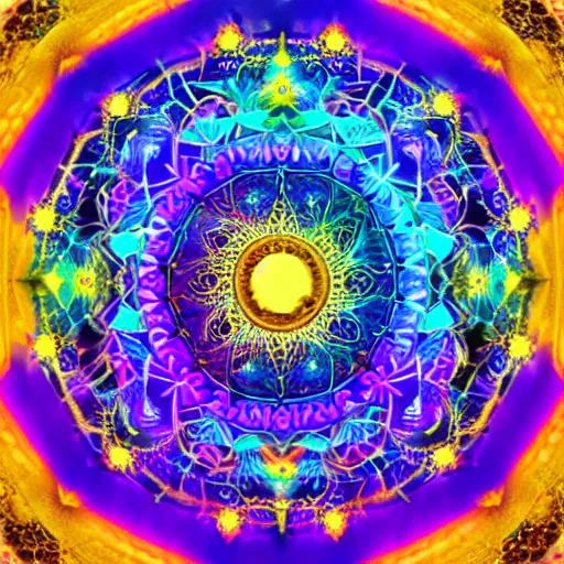 Image similar to rainbowcore, golden Gemini sign glowing, surrounded by lotus, with the sun shining with the moon, with detailed mandala filled with fractals, bioluminescence, glowing runes, de-noise, symmetrical composition, high detailed, super clear, ornate border, 32k