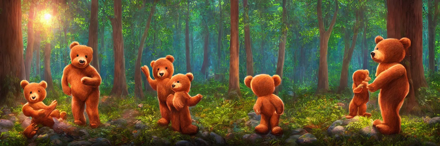 Image similar to a lodge in the middle of a magical forest with two cute humanoid bear cubs standing in front of it, light rays are shining through the leaves of the trees above, magical environment, beautiful light. trending on artstation 4 k award winning artwork of an unknown artist. vivid colors. detailed painting. kids book illustration.