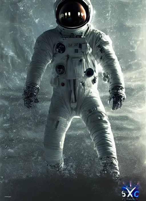 Image similar to complex poster by craig mullins astronaut in futuristic dark and empty spaceship underwater. infrared glowing lights. complex and hyperdetailed technical suit. reflection and dispersion materials. rays and dispersion of light. volumetric light. 5 0 mm, f / 3 2. noise film photo. flash photography. unreal engine 4, octane render. interstellar movie art