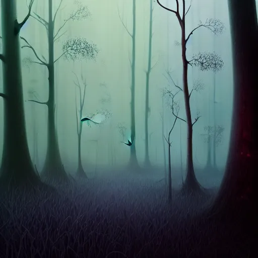 Image similar to A beautiful but eerie forest, shrouded in mist that is filled with scary glowing monsters, in the style of Keith Thompson and Zdzislaw Beksinski, Artstation HD, 8k, Surrealistic digital artwork,