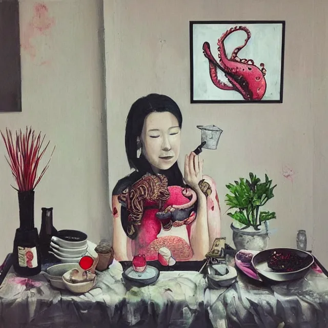 Prompt: “ a portrait in a female art student ’ s apartment, sensual, a pig theme, pork, art supplies, surgical iv bag, octopus, ikebana, herbs, a candle dripping white wax, japanese pottery, squashed berries, berry juice drips, acrylic and spray paint and oilstick on canvas, surrealism, neoexpressionism ”