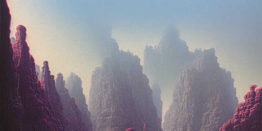 Prompt: grainy risograph matte painting of gigantic huge mech with huge swords, pastel matte colors, staying in the foggy huge canyon, by moebius, hyperrealism, intricate detailed