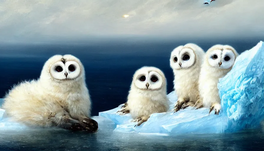 Prompt: highly detailed painting of cute furry white baby seal owls with big furry antlers cuddling into each other on a blue and white iceberg by william turner, by greg rutkowski, by william constable, thick brush strokes and visible paint layers, 4 k resolution