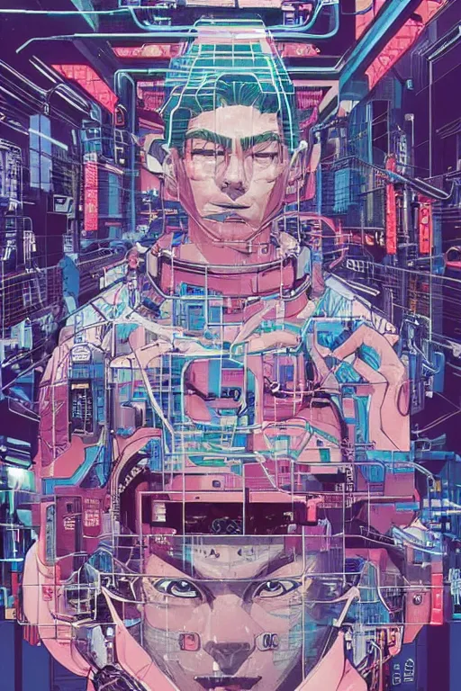 Image similar to 1 9 8 9 portrait of a japanese netrunner jacked into a cyberdeck. highly detailed masterpiece art by josan gonzalez.