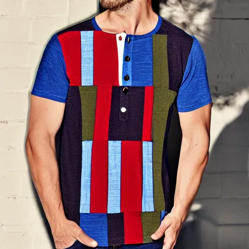 Prompt: men's henley tshirt, patchwork, bold colors
