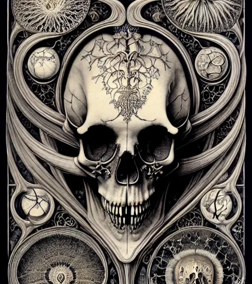 Image similar to art forms of nature by ernst haeckel, memento mori by arthur rackham, ornate antique porcelain beautiful skull mask, ultrasharp, photorealistic, hyperdetailed, octane render, polished, art nouveau, neo - gothic, gothic, intricate ornamental organic filigree, art nouveau botanicals, art forms of nature by ernst haeckel, horizontal symmetry, symbolist, visionary