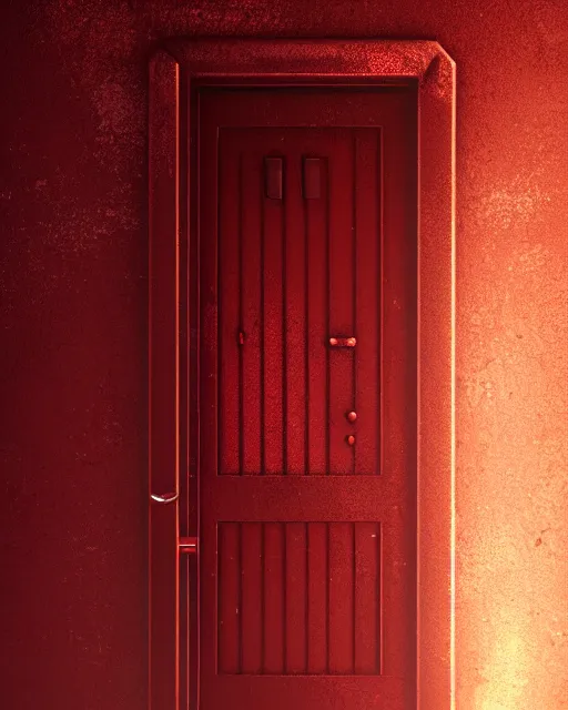 Image similar to heavy red iron door, grunge, dim, volumetric lighting, mist, artstation, sylvain sarrailh