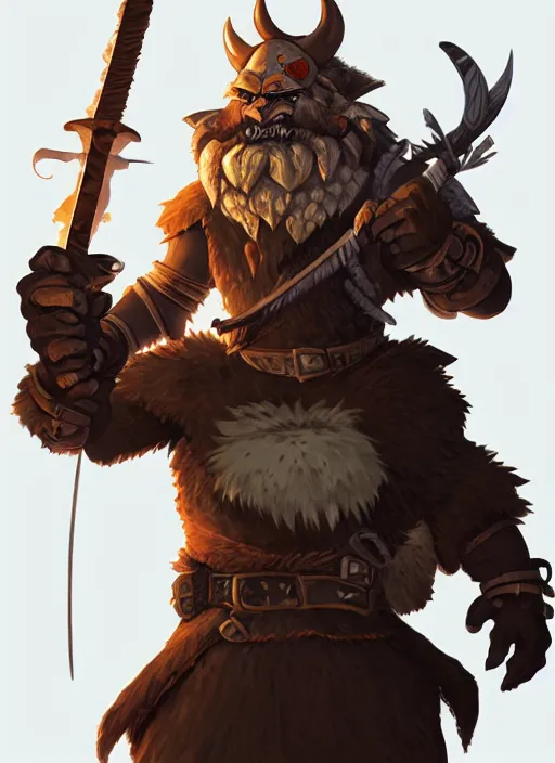 Image similar to strong young man, bugbear ranger, black beard, dungeons and dragons, hunters gear, flaming sword, jeweled ornate leather armour, concept art, character design on white background, by studio ghibli, makoto shinkai, kim jung giu, poster art, game art