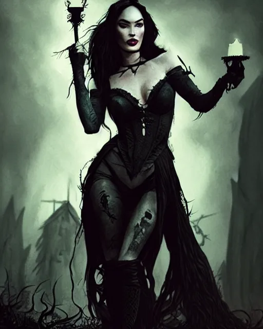 Image similar to megan fox witch queen, black eyes, blood, full body, intricate victorian dress, cinematic lighting, symmetrical eyes, rafael albuquerque, charlie bowater, frank frazetta, moody lighting, candles