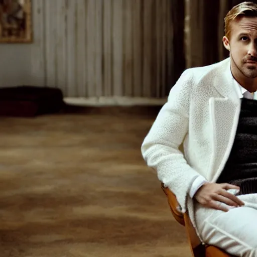 Prompt: ryan gosling in a white jacket is sitting on a chair, but it is knitted from yarn, preservation of lethality, proportions, quality, realism, focus in the foreground,