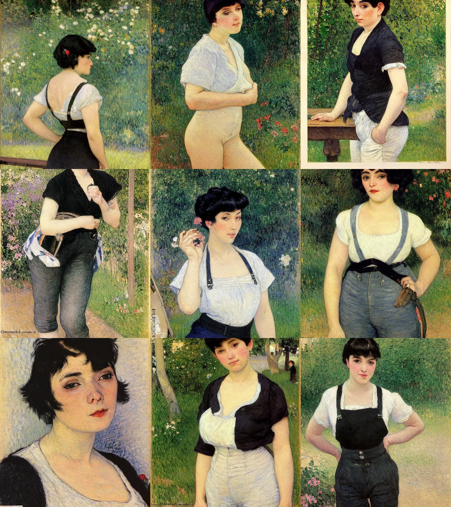 Prompt: a woman with black hair and long pixie haircut in shorts with suspenders and white t-shirt drawn by camille pissarro, gustave caillebotte, Alexandre Cabanel, norman rockwell, ralph bakshi, maler collier, peter paul rubens, alphonse mucha, gustav klimt 4k, unreal 5, DAZ, french noveau, trending on artstation, octane render, hyperrealistic