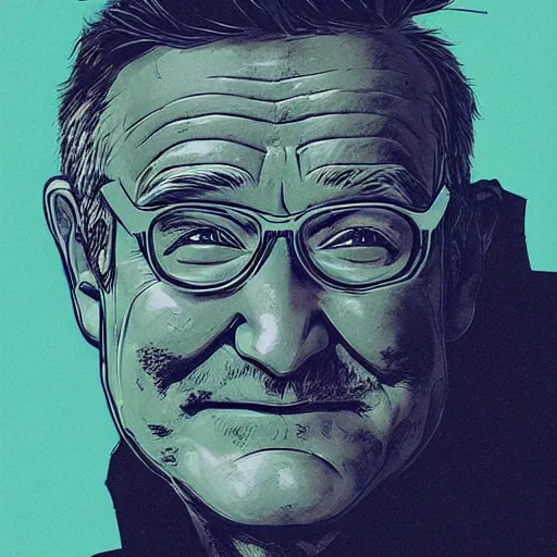 Prompt: a study of cell shaded portrait of Robin Williams concept art, llustration, post grunge, concept art by josan gonzales and wlop, by james jean, Victo ngai, David Rubín, Mike Mignola, Laurie Greasley, highly detailed, sharp focus, alien, Trending on Artstation, HQ, deviantart, art by artgem