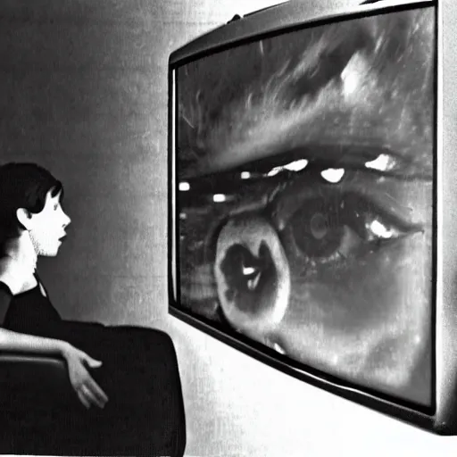 Prompt: woman watching tv screens old television poltergeist room, creepy, 8 mm, found footage