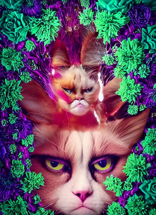 Image similar to hyper detailed 3d render like a sculpture - profile subsurface scattering (a beautiful fae princess grumpy cat protective playful expressive from that looks like a borg queen grumpy cat wearing a sundress made of flowers) seen red carpet photoshoot in UVIVF posing in caustic light pattern pool of water to Eat bite of the Strangling network of yellowcake aerochrome and milky Fruit and His delicate Hands hold of gossamer polyp blossoms bring iridescent fungal flowers whose spores black the foolish stars by Jacek Yerka, Ilya Kuvshinov, Mariusz Lewandowski, Houdini algorithmic generative render, golen ratio, Abstract brush strokes, Masterpiece, Victor Nizovtsev and James Gilleard, Zdzislaw Beksinski, Tom Whalen, Mark Ryden, Wolfgang Lettl, hints of Yayoi Kasuma and Dr. Seuss, Grant Wood, octane render, 8k, maxwell render, siggraph