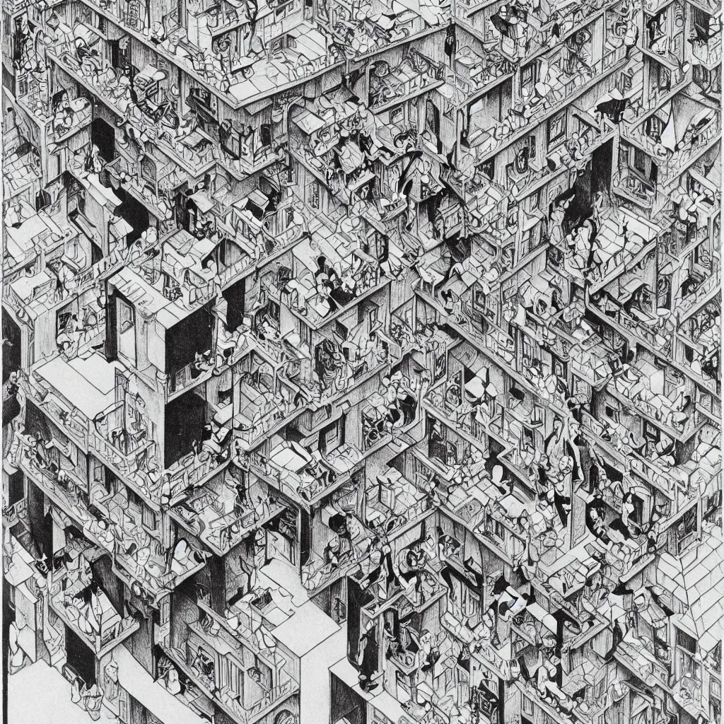 Image similar to last selfie on earth, drawed by M. C. Escher, colored by Hayao Miyazaki