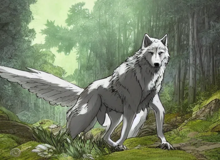 Prompt: a majestic beautiful wolf spreading his wings in a mythical forest next to a pathway, dark eyes, by ghibli studio and miyasaki, illustration, great composition..