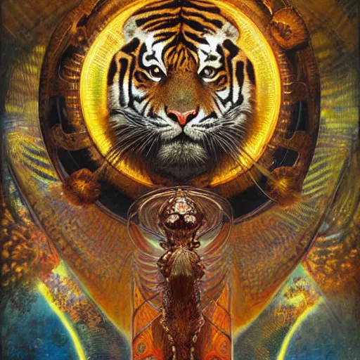 Prompt: highly detailed portrait of a tiger shaped psychedelic dmt mecha, painting by gaston bussiere, craig mullins, j. c. leyendecker, lights, art by ernst haeckel, john william godward, hammershøi, alex grey