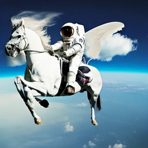 Prompt: photograph of an astronaut riding a Pegasus flying above the sky