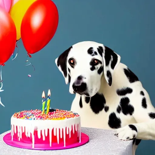 Image similar to photo of dalmatian dog with a birthday cake,