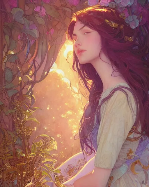 Image similar to secret romance, highly detailed, gold filigree, romantic storybook fantasy, soft cinematic lighting, award, disney concept art watercolor illustration by mandy jurgens and alphonse mucha and alena aenami, pastel color palette, featured on artstation