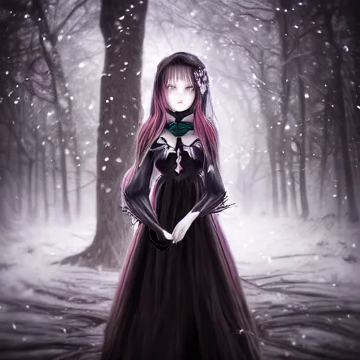 Prompt: portrait of beautiful darkness witch 3D anime girl, dark forest background, snowing, inspired by Tim Burton, digital painting, unreal engine render, volumetric light, high détail