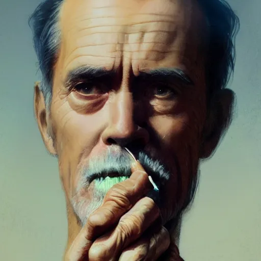 Prompt: a highly detailed epic cinematic concept art CG render digital painting artwork costume design: Henry Fonda as a 1950s tired poet, barefoot, smoking a cigarette. By Greg Rutkowski, Ilya Kuvshinov, WLOP, Stanley Artgerm Lau, Ruan Jia and Fenghua Zhong, trending on ArtStation, subtle muted cinematic colors, made in Maya, Blender and Photoshop, octane render, excellent composition, cinematic atmosphere, dynamic dramatic cinematic lighting, aesthetic, very inspirational, arthouse