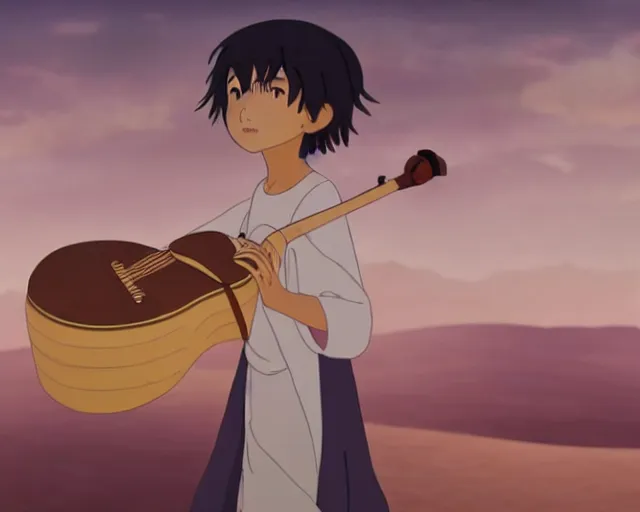 Image similar to an arab playing oud in the desert with a storm, makoto shinkai, loish, studio ghibli