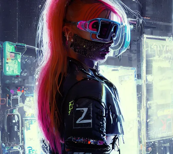 Prompt: detailed portrait neon guard girl with diving glasses long straight blonde hair seen from the back, cyberpunk futuristic, reflective puffer jacket, black leggings, decorated with traditional ornaments in front of a dystopian crowd with piles of garbage by ismail inceoglu dragan bibin hans thoma, perfect face, fine details, realistic shaded, fine - face, pretty face