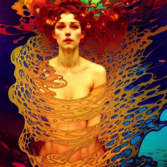 Image similar to mind bending ocean waves of glossy psychedelic liquid honey drops flowing like kaleidoscopic translucent amber, lsd waves, lsd ripples, crystal clear, backlit, sunset, refracted lighting, art by collier, albert aublet, krenz cushart, artem demura, alphonse mucha