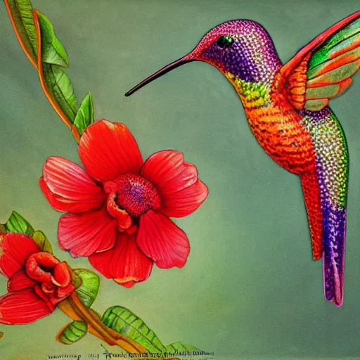 Prompt: closeup detailed painting of iridescent hummingbird sipping nectar from red flower in the style of hans zatzka